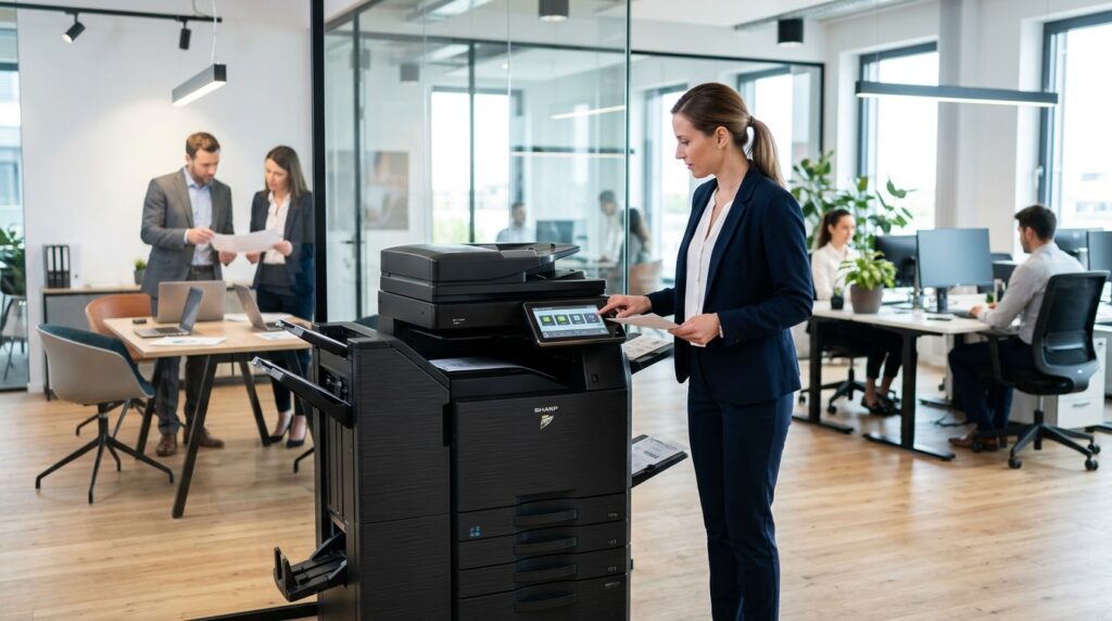 phoot copy machine on lease uk Sharp photocopier in a modern UK office environment